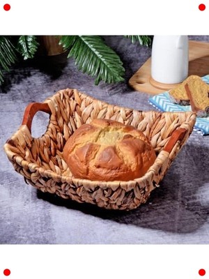 MarkEntegra Ahşap Kulp Hasır Ekmek Sepeti - Bez Astarlı Kare