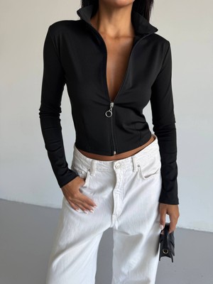 Cuyka Kadın Sweatshirt Dalgıç Kumaş Fermuarlı Parmak Geçirmeli -