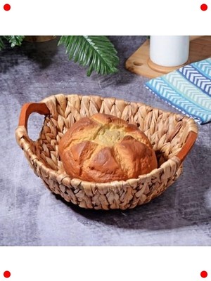 MarkEntegra Ahşap Kulp Yuvarlak Bezli Hasır Ekmek Sepeti