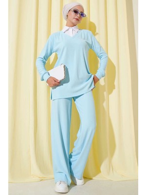 Bigelal Gömlek Yaka Fitilli Salaş Ikili Takım Buz Mavisi