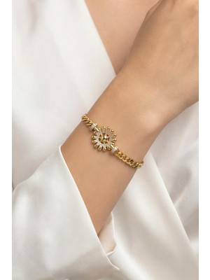 Rays Taşlı Çiçek Figürlü Gold Renk Bileklik 0121