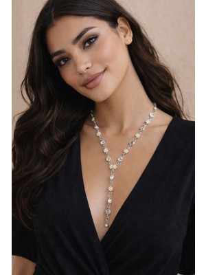 Ipekish Gümüş Renk Papatya Detaylı Y Kolye – Paslanmaz Çelik Zarif Kadın Kolyesi