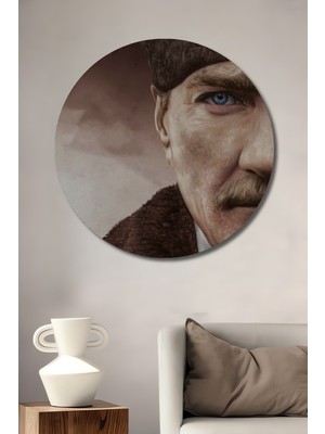 Teona Ahşap Atatürk Mavi Gözler Yağlı Boya Görünümlü Dekoratif Ahşap Tablo Yuvarlak Duvar Tablosu