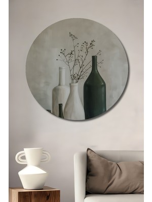 Teona Ahşap Minimalist Vazo Buketi Yağlı Boya Görünümlü Ahşap Dekoratif Tablo Yuvarlak Duvar Tablosu