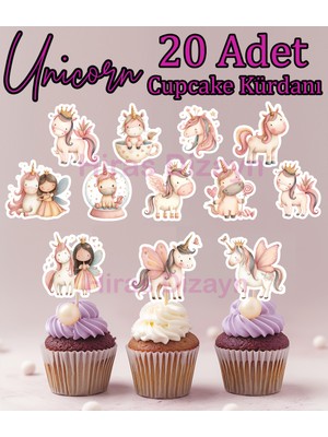 Hiras Dizayn 20 Adet Sevimli Kız ve Unicorn Cupcake Kürdanı - Pasta - Kurabiye Süsleri 20 Adet Kürdanlı