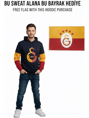 Galatasaray Orijinal Lisanslı Logo Siyah Yetişkin Kapüşonlu Bayrak Hediyeli Sweat