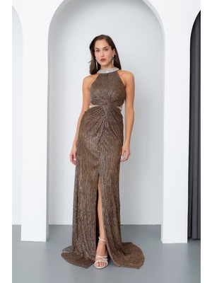 Lafaba Kadın Kahverengi Halter Yaka Taşlı Uzun Abiye Elbise