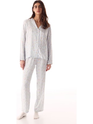 Penti Kırık Beyaz Cute Flowers Düğmeli Gömlek Pantolon Pijama Takımı