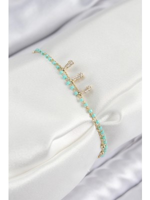 Shopwave Pirinç Zirkon Taşlı Mavi Boncuklu Model Gold Renk Kadın Bileklik - TJ-BB7599
