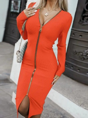 Mareandpanda Kadın Uzun Kollu Önden Fermuarlı Midi Ottoman Elbise