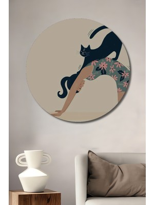 Teona Ahşap Yoga Yapan Kadın ve Siyah Kedi Sulu Boya Görünümlü Dekoratif Ahşap Tablo Yuvarlak Duvar Tablosu