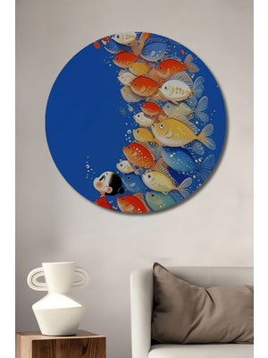 Teona Ahşap Çizgi Film Tarzı Balık Sürüsü ve Çocuk Ahşap Dekoratif Tablo Yuvarlak Duvar Tablosu