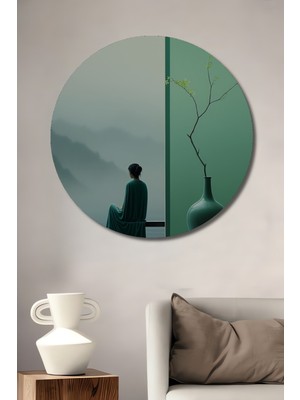 Teona Ahşap Sakin Vazo ve Sisli Manzara Görünümlü Ahşap Dekoratif Tablo Yuvarlak Duvar Tablosu
