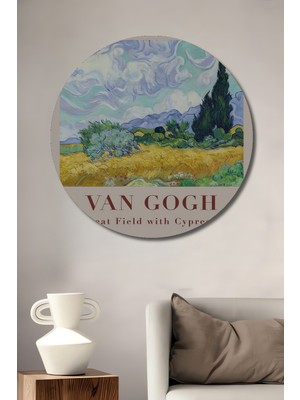 Teona Ahşap Van Gogh Buğday Tarlası Selvi Ağaçları Görünümlü Ahşap Dekoratif Tablo Yuvarlak Duvar Tablosu