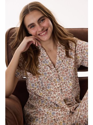 Penti Bej Floral Pointel Pamuklu Gömlek Pantolon Pijama Takımı