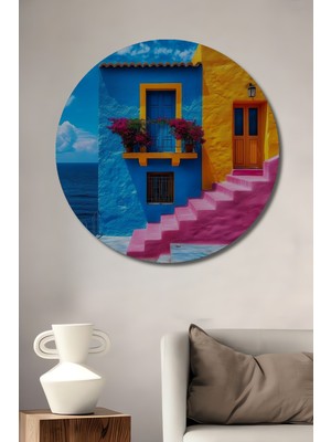Teona Ahşap Akdeniz Esintisi Renkli Yapılar Yağlı Boya Görünümlü Dekoratif Ahşap Tablo Yuvarlak Duvar Tablosu