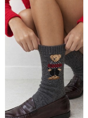 Katia & Bony Kadın Teddy Desenli Yün Soket Çorap Gri