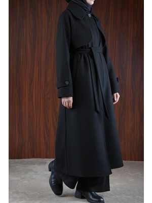 Ande Tesettür Gizli Pat Rüzgarlıklı Kaban - Siyah