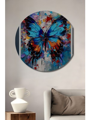 Teona Ahşap Canlı Renkler Kelebek Yağlı Boya Görünümlü Dekoratif Ahşap Tablo Yuvarlak Duvar Tablosu