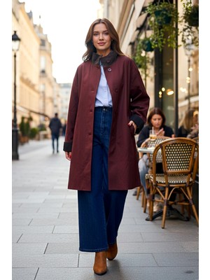 Lale Butik Önü Düğmeli Yaka Kadife Detay Kap Ceket 16745 Bordo