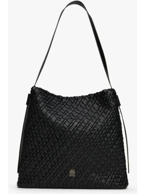 Tommy Hilfiger Kadın Braided Maxi Hobo Örgü Dokulu Büyük Omuz Çantası - Siyah