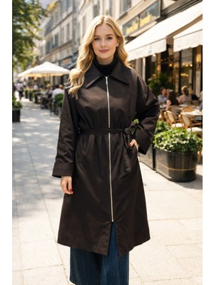 Lale Butik Önü Fermuarlı Yaka Kadife Detay Kap Ceket 16745 Kahverengi