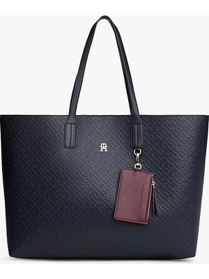 Tommy Hilfiger Kadın Th Icon Tote Monogram Desenli Büyük Omuz Çantası - Lacivert