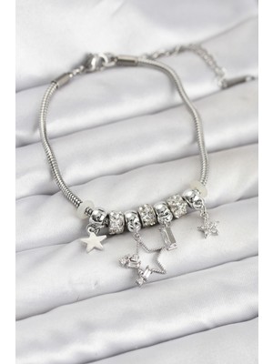 Efe Avm Gümüş Renk Pirinç Yıldız Model Charmlı Kadın Bileklik - Lisinya