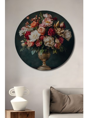 Teona Ahşap Görkemli Vazoda Renk Cümbüşü Yağlı Boya Görünümlü Ahşap Dekoratif Tablo Yuvarlak Duvar Tablosu