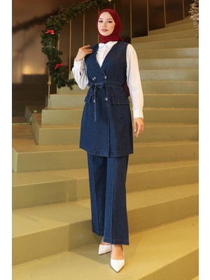 Moda Mihram Kemer Detaylı Ikili Kot Takım Koyu Mavi 19232