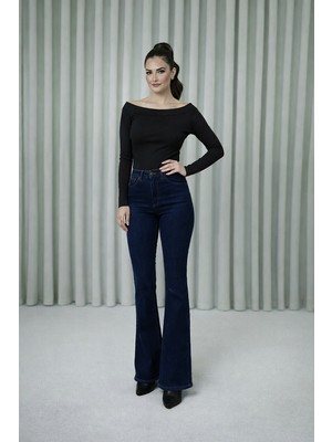 Studio Fashion 1988 Kadın Koyu Lacivert Yüksek Bel Esnek Ispanyol Paça Jean Pantolon