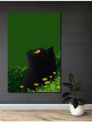 Teona Ahşap Gızemlı Siyah Kedi Sarı Çiçekler Içinde Yağlı Boya Görünümlü Ahşap Ev,antre,salon,ofis,mutfak Tablo