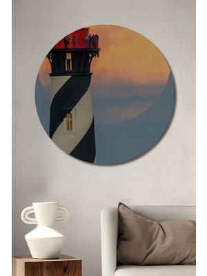 Teona Ahşap Dev Ay Işığında Deniz Feneri Modern Sanat Dekoratif Ahşap Tablo Yuvarlak Duvar Tablosu