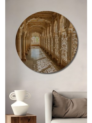 Teona Ahşap Ihtişamlı Hint Sarayı Koridoru Baskı Ahşap Tablo Yuvarlak Duvar Tablosu