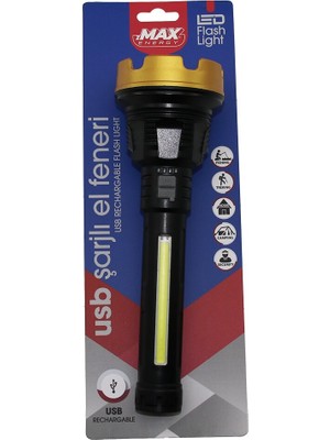 Go İthalat BÜYÜK=24CM 2in1= Osl LED - Cob LED USB Şarjlı El Feneri 3-Kademe Işık - Flaşör Şarj Gösterge (5440)