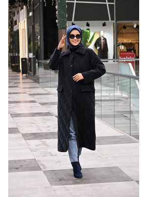 Ferraceci Lacivert Kapitone Mont Kadın Uzun Kol Kaşmir Kumaş Modern Tasarım