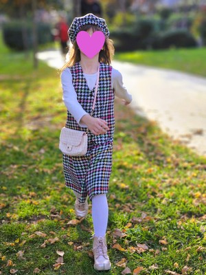 Feviola Kaz Ayağı Desenli Bere,yelek, Etek Takım