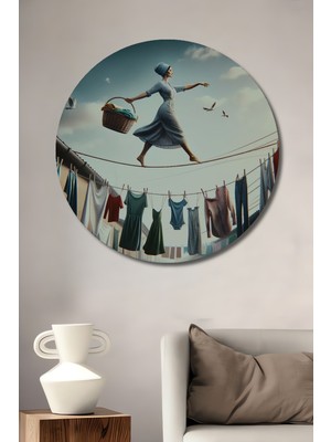 Teona Ahşap Denge Ustası Kadın Yağlı Boya Görünümlü Dekoratif Ahşap Tablo Yuvarlak Duvar Tablosu