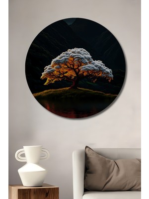 Teona Ahşap Görkemli Ağaç Yağlı Boya Görünümlü Ahşap Dekoratif Tablo Yuvarlak Duvar Tablosu