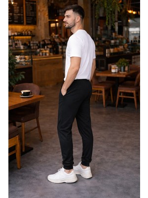 Erkek Lastikli Bel Bağcıklı Düz Siyah Eşofman Altı