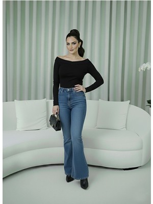 Studio Fashion 1988 Kadın Mavi Yüksek Bel Esnek Ispanyol Paça Jean Pantolon