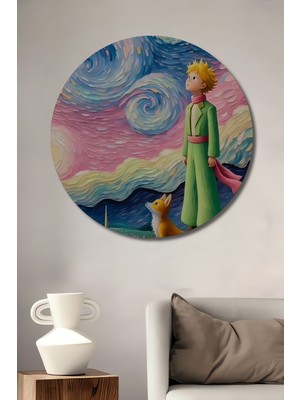 Teona Ahşap Küçük Prens Ve Tilki Yağlı Boya Görünümlü Ahşap Dekoratif Tablo Yuvarlak Duvar Tablosu