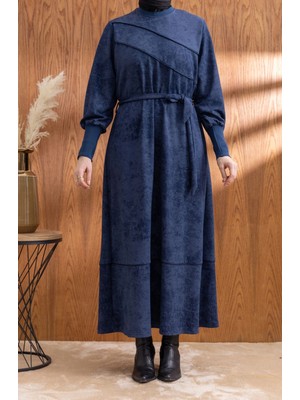 Letafet Kolları ve Yakası Ribanalı Elbise - Lacivert