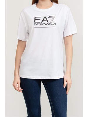 EA7 Kadın Tam Kalıp Kısa Kollu Büyük Logolu T-Shirt - Beyaz