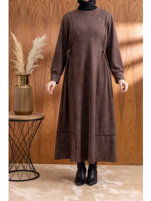 Letafet Beli Bağcık Detaylı Kuplu Elbise - Kahve