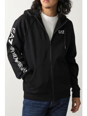 EA7 Erkek Tam Kalıp Kolu Logolu Fermuarlı Kapüşonlu Sweatshirt - Siyah