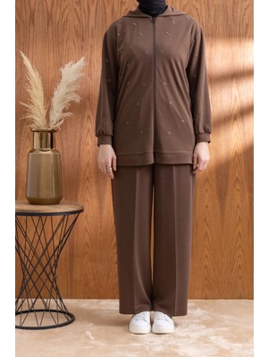 Letafet Nakış ve Inci Detaylı Pantolonlu Takım - Kahve