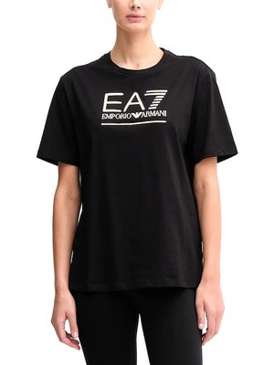 EA7 Kadın Tam Kalıp Kısa Kollu Metalik Logolu T-Shirt - Siyah/altın