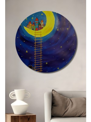 Teona Ahşap Ay Üzerindeki Masal Şehri Sulu Boya Görünümlü Ahşap Dekoratif Tablo Yuvarlak Duvar Tablosu