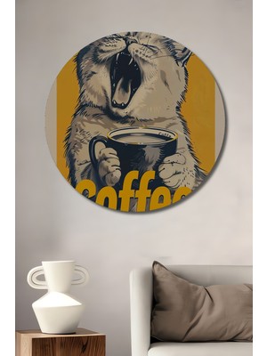 Teona Ahşap Kahve Keyfi Yapan Esprili Kedi Yağlı Boya Görünümlü Ahşap Dekoratif Tablo Yuvarlak Duvar Tablosu